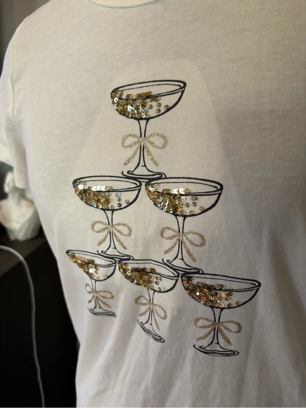 J. Crew Collector Tee White Graphic Champagne Glass Tee gold sequins, XS